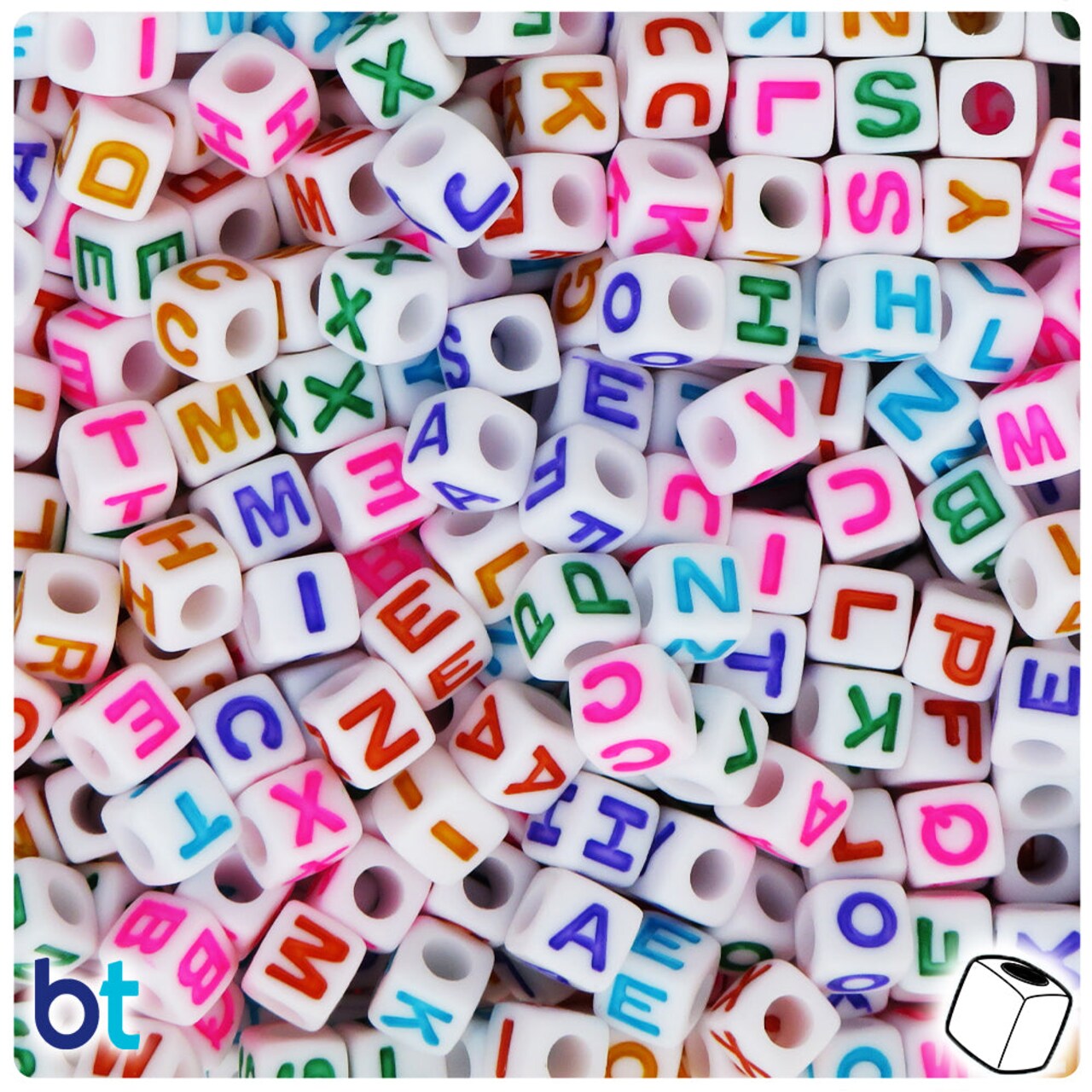 BeadTin White Opaque 7mm Cube Plastic Alpha Beads - Colored Letter Mix (200pcs)